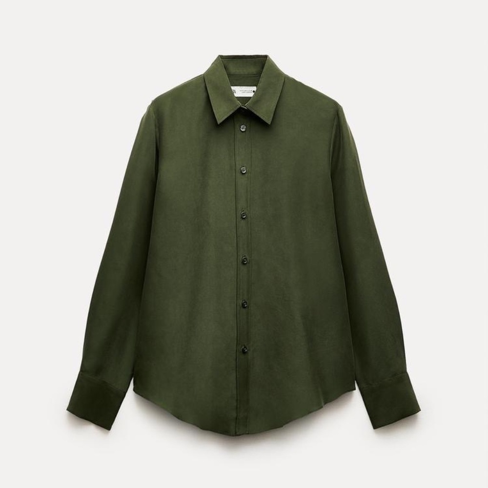 NWT Green Zara 100% Silk Button Down Shirt M